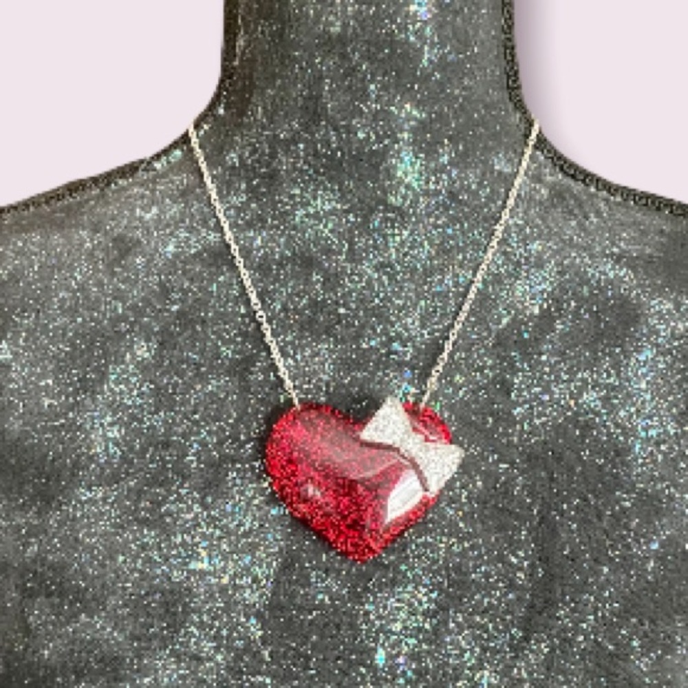 Red Resin Glitter Heart w/ Silver Glitter Bow Pendant on Silver Chain Necklace
